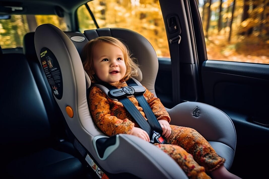 Baby in car seat, cute and happy kid