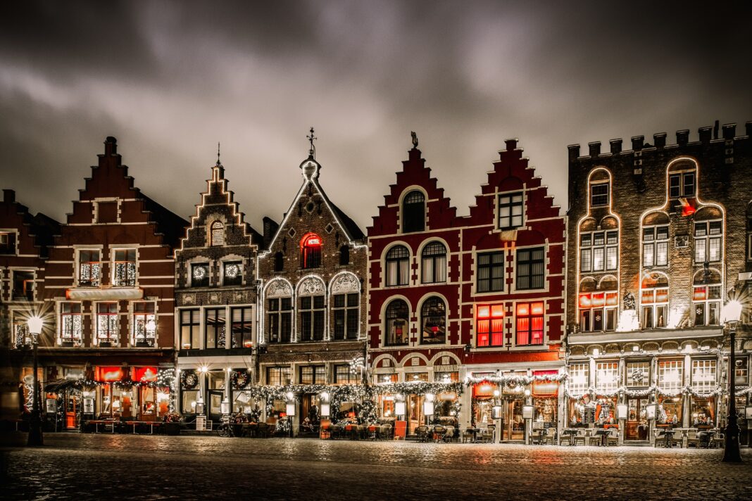 Decorated and illuminated Market square in Bruges, Belgium