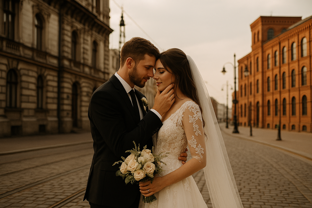  Para młoda pozuje podczas romantycznej sesji ślubnej na tle architektury Łodzi – doskonała lokalizacja dla ślubu cywilnego lub humanistycznego w mieście. 