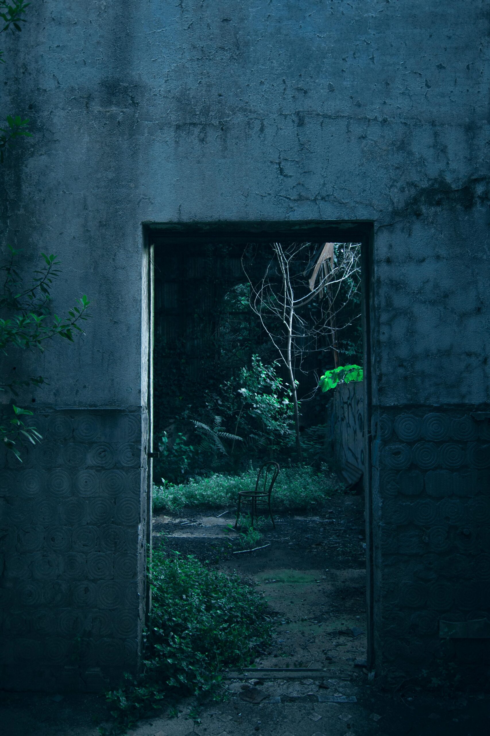 Betonowe drzwi otwierają się na zarośnięty ogród, odsłaniając tajemniczą przestrzeń na zewnątrz.