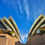 Jak przygotować się do podróży do Australii Uderzający widok z niskiego kąta na kultową Operę w Sydney na tle tętniącego życiem błękitnego nieba, ukazujący jej nowoczesny projekt architektoniczny.
