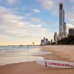 Ujęcie plaży Surfers Paradise z panoramą o zachodzie słońca, widoczną tablicą ratownika i flagami.