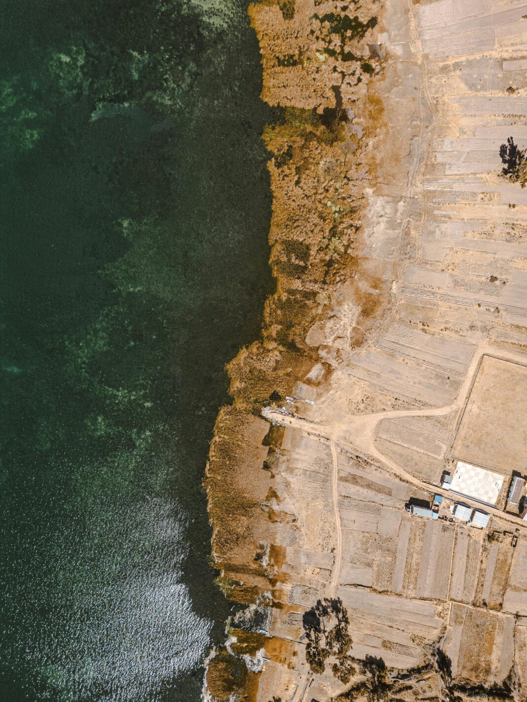 Zdjęcia lotnicze linii brzegowej w San Pablo De Tiquina w Boliwii, przedstawiające jezioro i wiejski krajobraz.