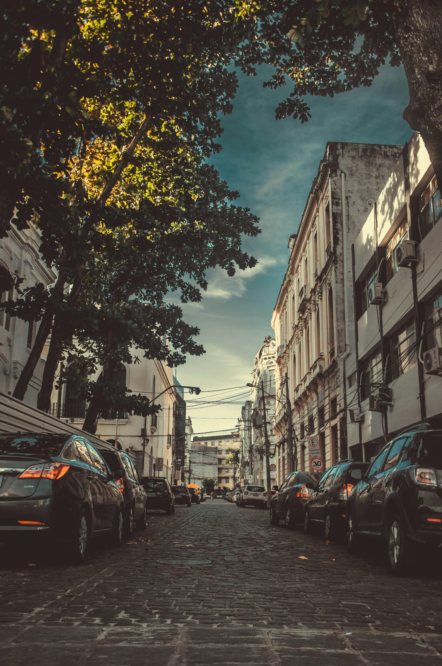 Tętniąca życiem ulica miejska w Brazylii, wyłożona zaparkowanymi samochodami i klasyczną architekturą pod czystym niebem.