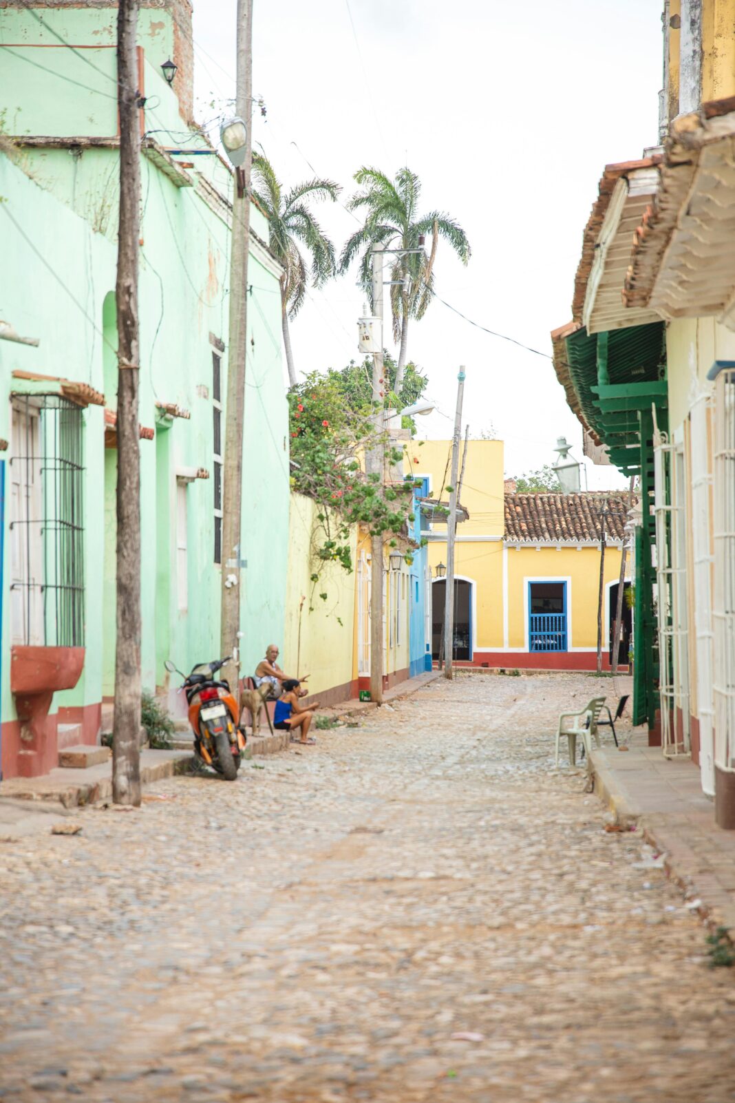 cuba Urocza brukowana ulica z kolorowymi domami i palmami w kubańskim miasteczku.
