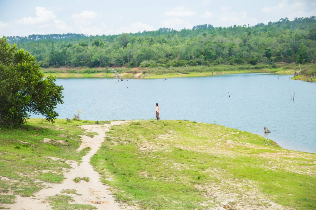 cuba Spokojna scena nad jeziorem z zielenią i samotną osobą spacerującą, uchwycona w Vinales na Kubie.
