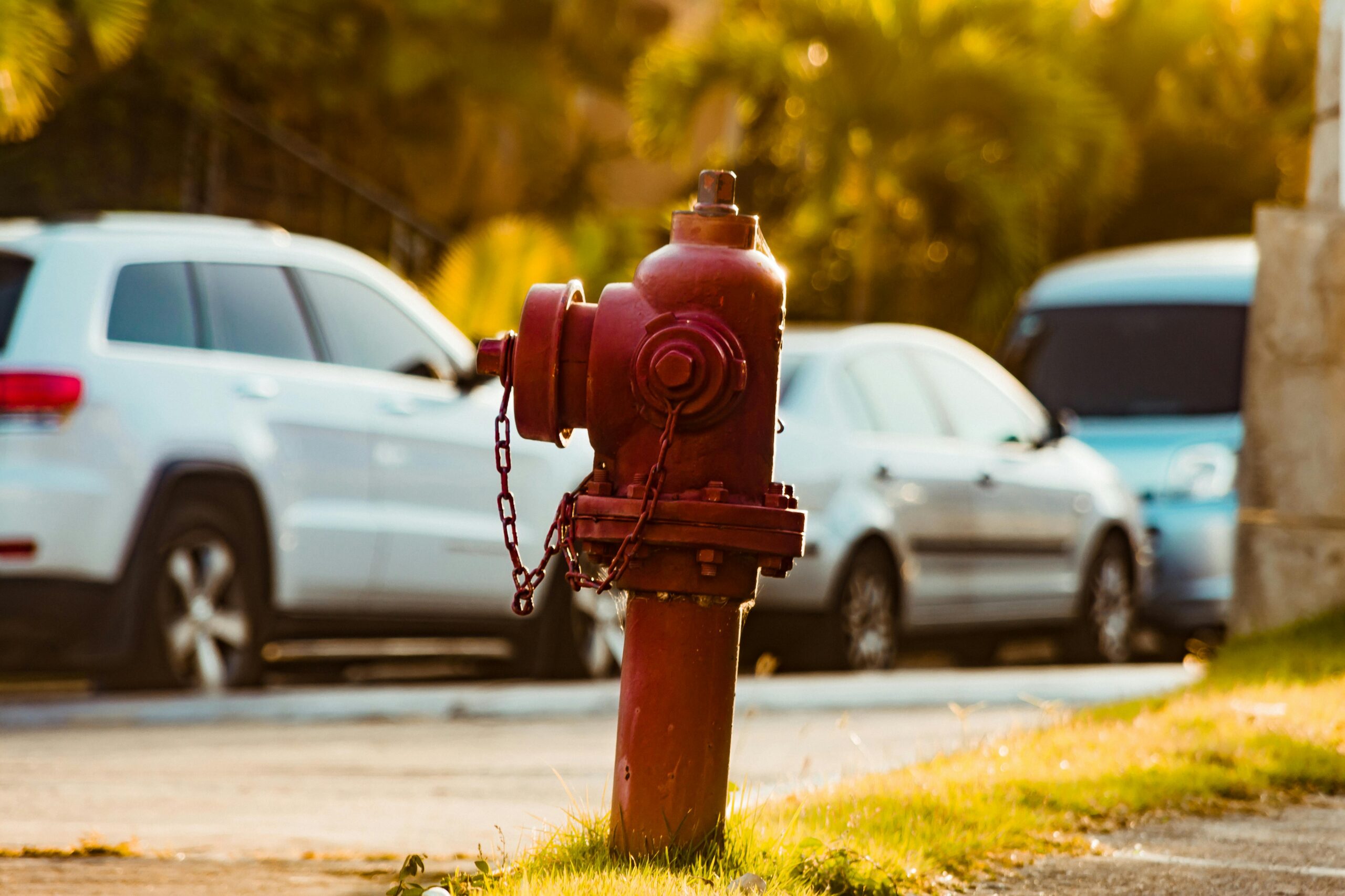 Czerwony hydrant na ulicy Santo Domingo z zaparkowanymi samochodami.