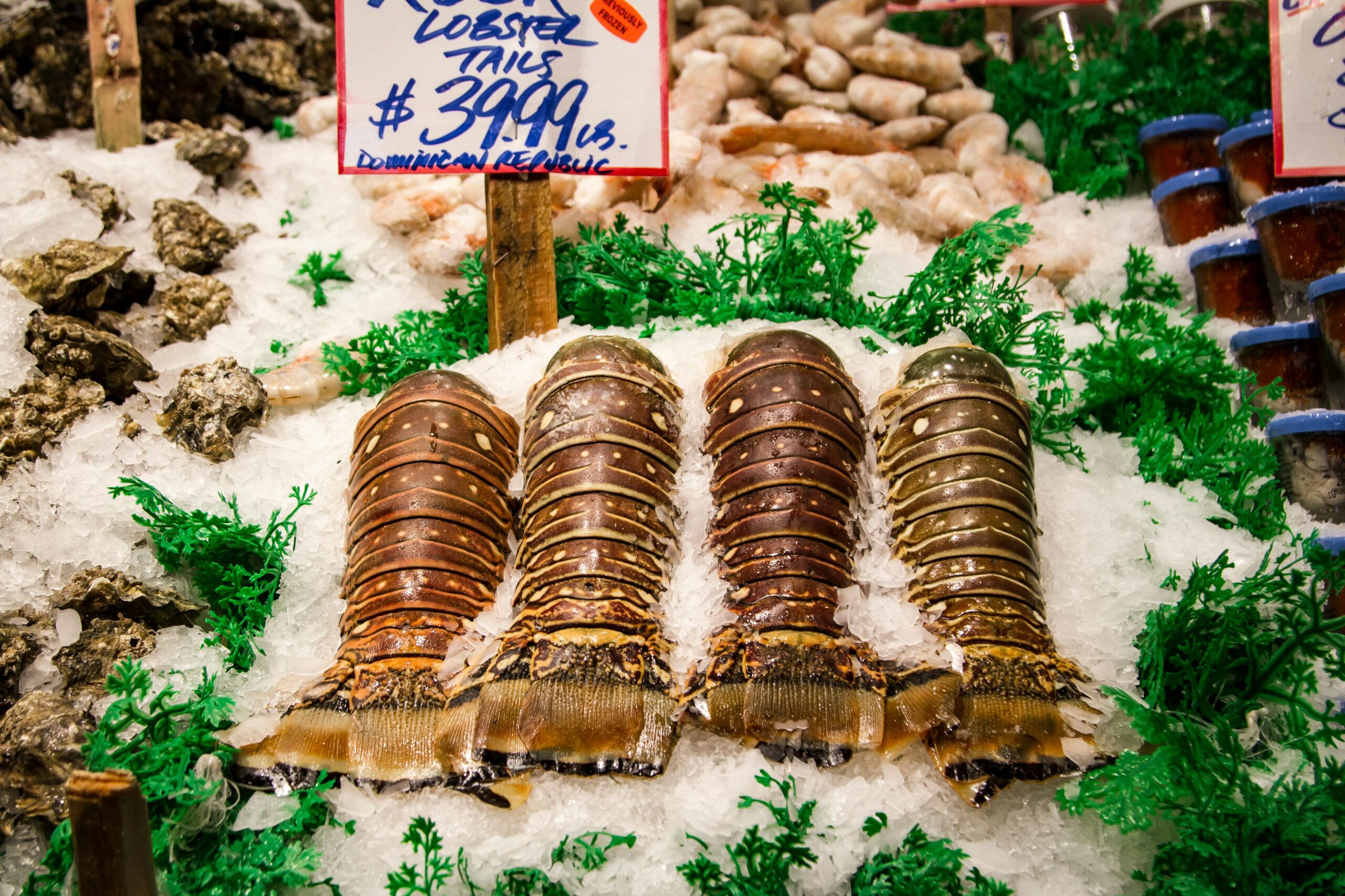 Cztery świeże ogony homara wystawione na lodzie ze znakiem ceny, idealne do motywu owoców morza.