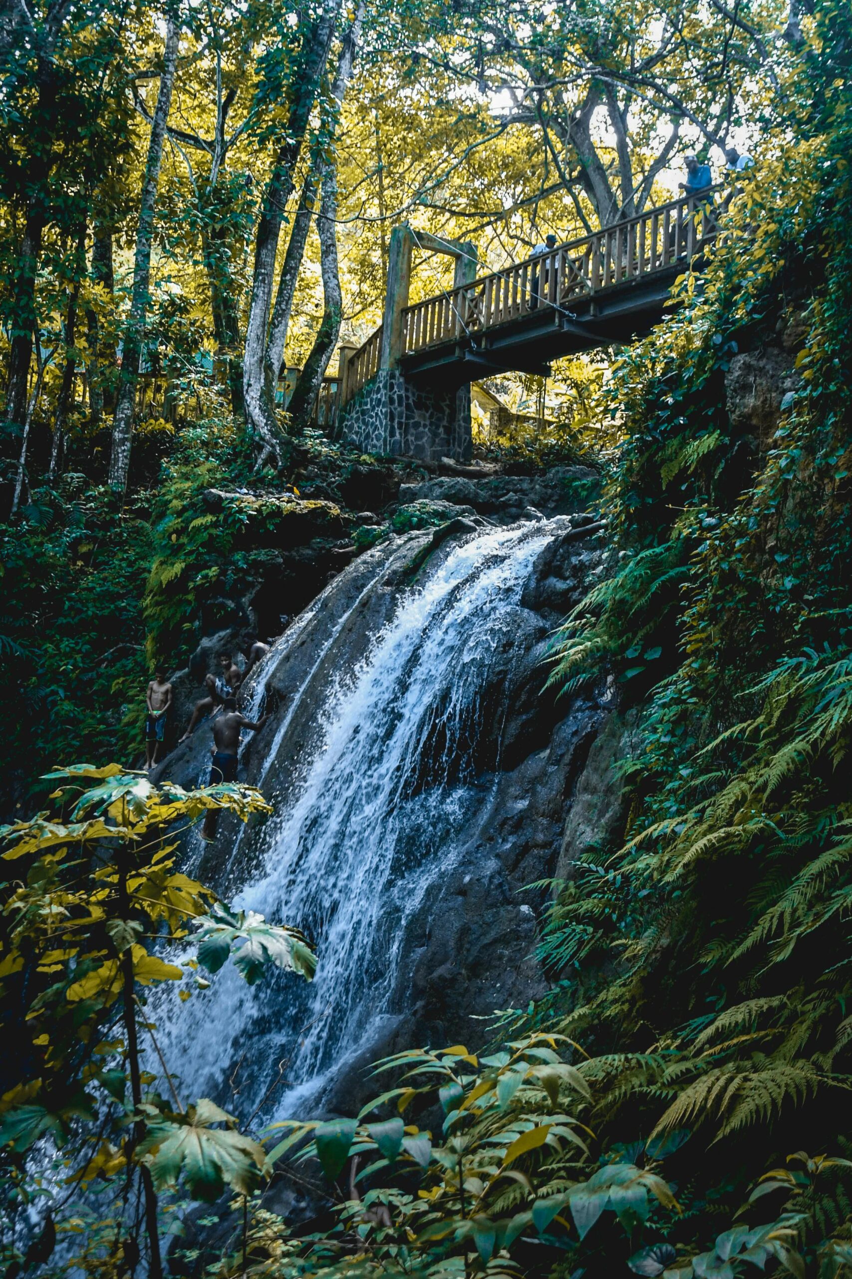 Piękny wodospad spływający kaskadą pod drewnianym mostem otoczonym bujną roślinnością w leśnej scenerii.