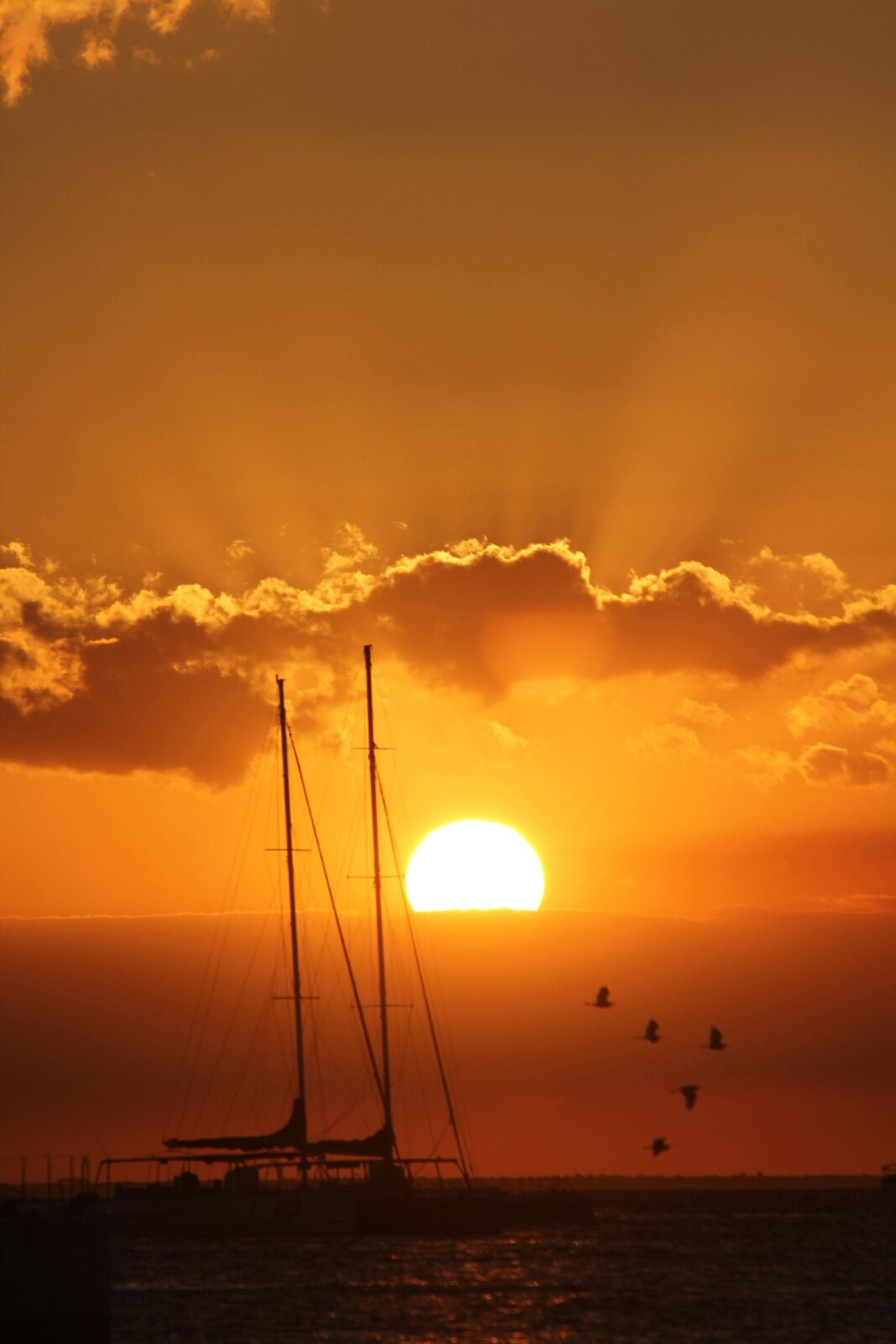 Zapierająca dech w piersiach sylwetka żaglówki na tle tętniącego życiem zachodu słońca na Dominikanie.
