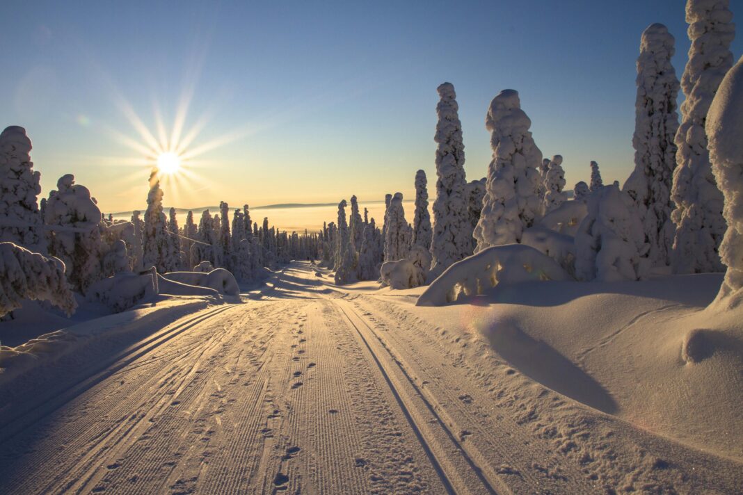 finlandia Zachód słońca nad śnieżnym krajobrazem w Laponii, idealny na zimowe przygody na świeżym powietrzu.