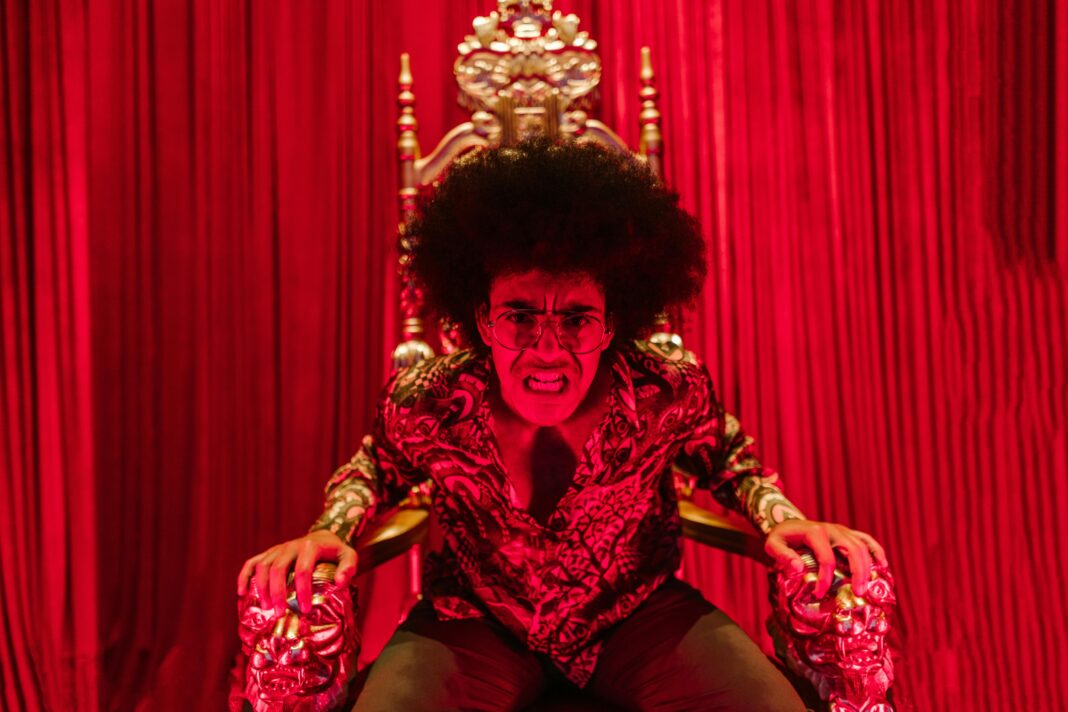 indie Dynamiczny portret młodego dorosłego na ozdobnym krześle w odważnym czerwonym pokoju.