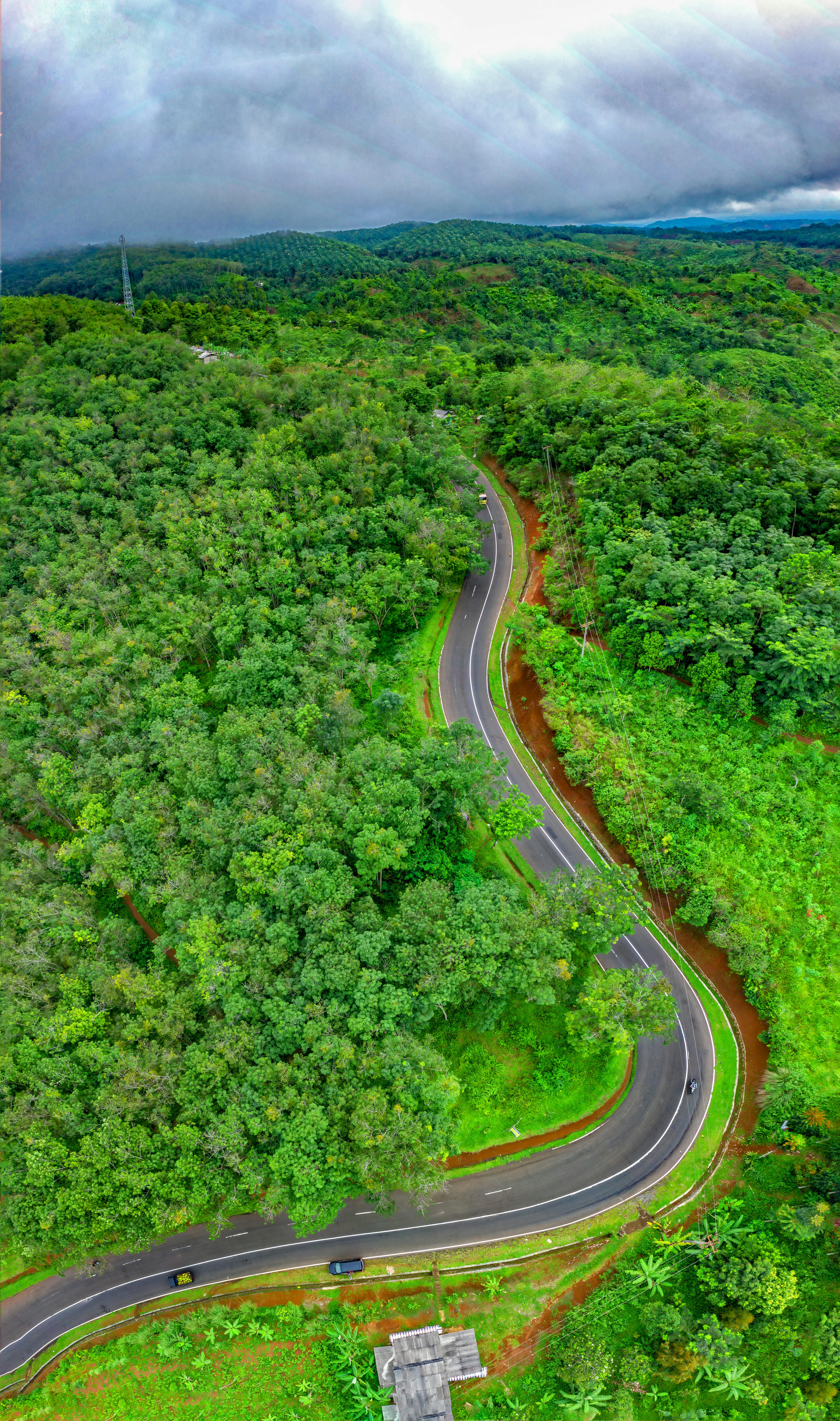 Zapierające dech w piersiach zdjęcie lotnicze krętej drogi przez bujne lasy w Cikidang, Jawa Zachodnia, Indonezja.