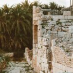 Odkryj starożytne kamienne ruiny na tle bujnych palm, ukazujące ponadczasowe piękno.