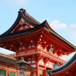 Urzekający widok na tradycyjne sanktuarium Shinto w Kioto, prezentujące wykwintną architekturę pod błękitnym niebem.