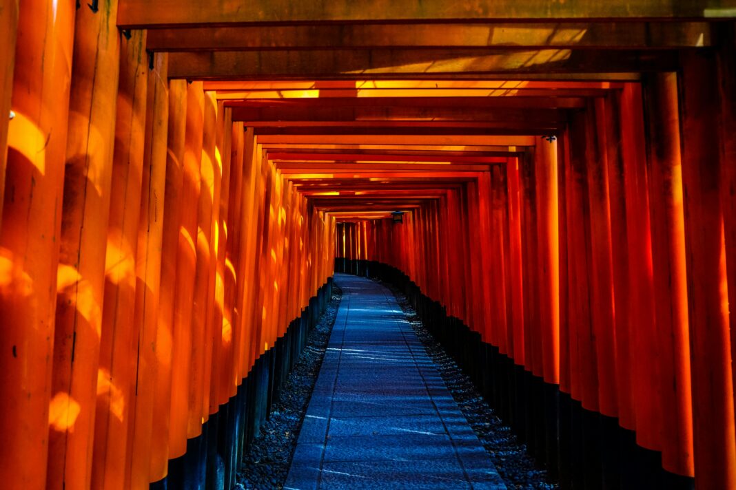 japonia Poznaj oszałamiające pomarańczowe bramy torii Fushimi Inari Taisha w Kioto w Japonii.
