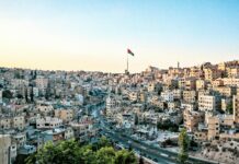 Wysoki kąt widzenia Ammanu w Jordanii z wyraźną linią horyzontu i wyraźną flagą pod czystym niebem.