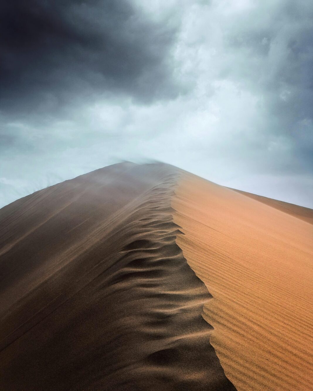 kazachstan Urzekający krajobraz wydm z dramatycznym pochmurnym niebem w Altyn Emel w Kazachstanie.