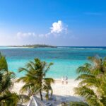 Widok z lotu ptaka na parę na dziewiczej tropikalnej plaży z turkusowymi wodami.