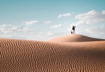 Samotny podróżnik na szczycie wydmy na pustyni Al Wahat Al Dakhla w Egipcie.