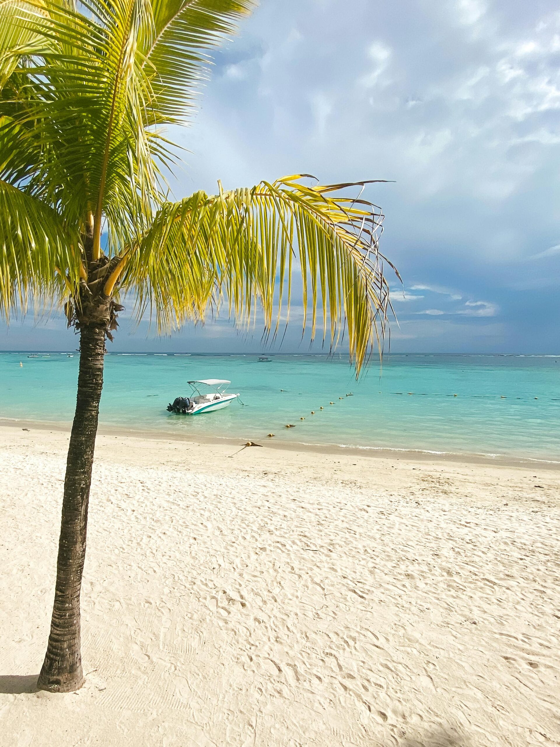 Tropikalna plaża ze sceną palm i łodzi w Trou-aux-Biches na Mauritiusie.