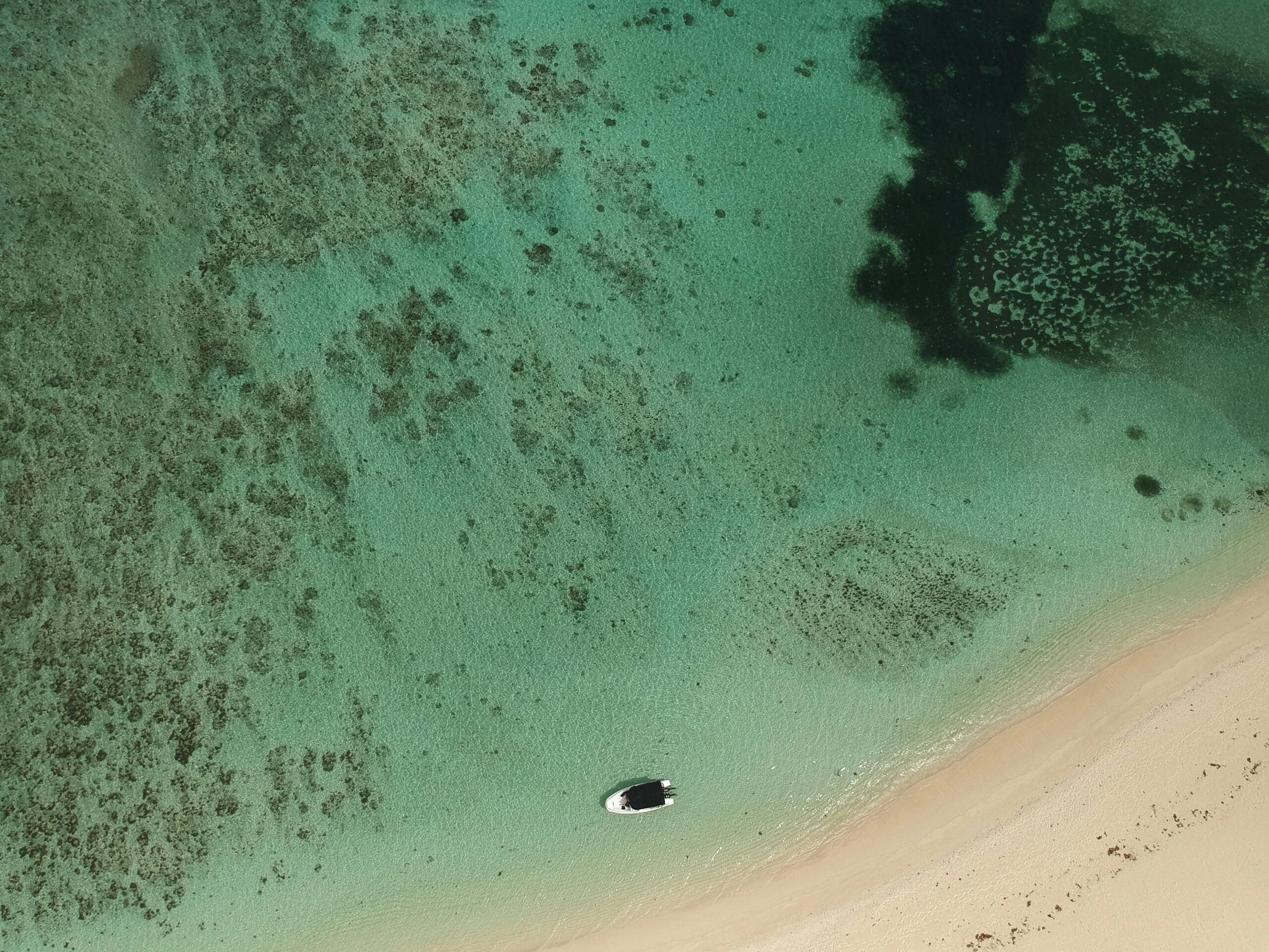 Zdjęcia lotnicze malowniczej plaży z czystą wodą i łodzią w Le Morne na Mauritiusie.