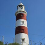 Endemiczne ptaki Mauritiusa – ptak dodo i jego następcy Widok z niskiego kąta na kultową latarnię morską Albion na Mauritiusie w pogodny dzień.