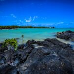 Żywy krajobraz morski z czarnymi skałami lawowymi i czystymi, błękitnymi wodami na Mauritiusie.