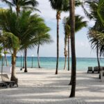 Relaksująca tropikalna plaża w Cancún z palmami i leżakami na piaszczystym brzegu.