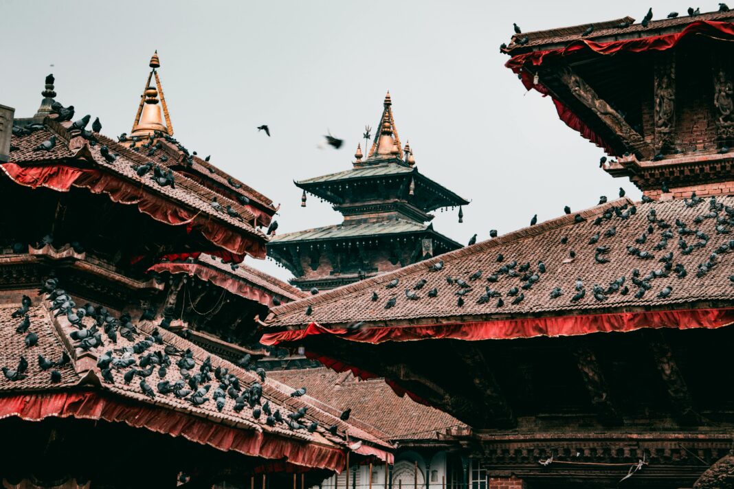 nepal Gołębie na dachach tradycyjnych pagód w kulturalnym Katmandu, Nepal.