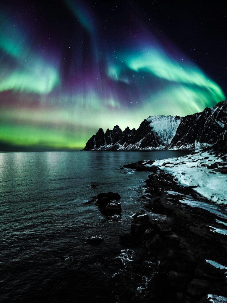 Majestatyczna zorza polarna oświetla ośnieżone wybrzeże Lenvik w Troms w Norwegii.