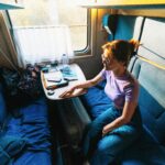 Najlepsze miejsca na weekendowy wypoczynek dla aktywnych Młoda kobieta siedząca w ciągu dnia w przedziale prywatnego pociągu i ciesząca się podróżą.