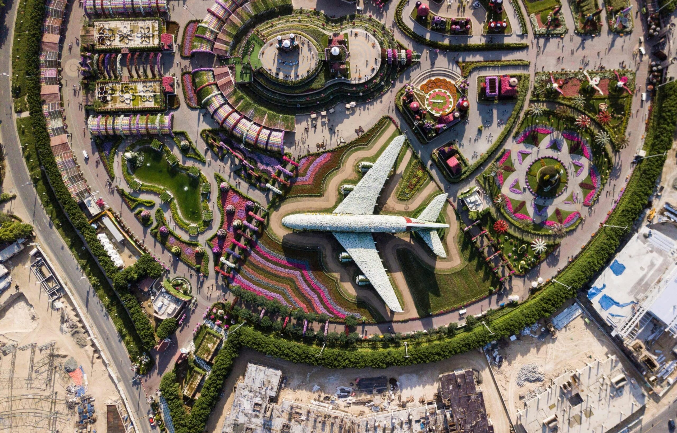 Kolorowe zdjęcia lotnicze Dubai Miracle Garden przedstawiające samolot wykonany z kwiatów.