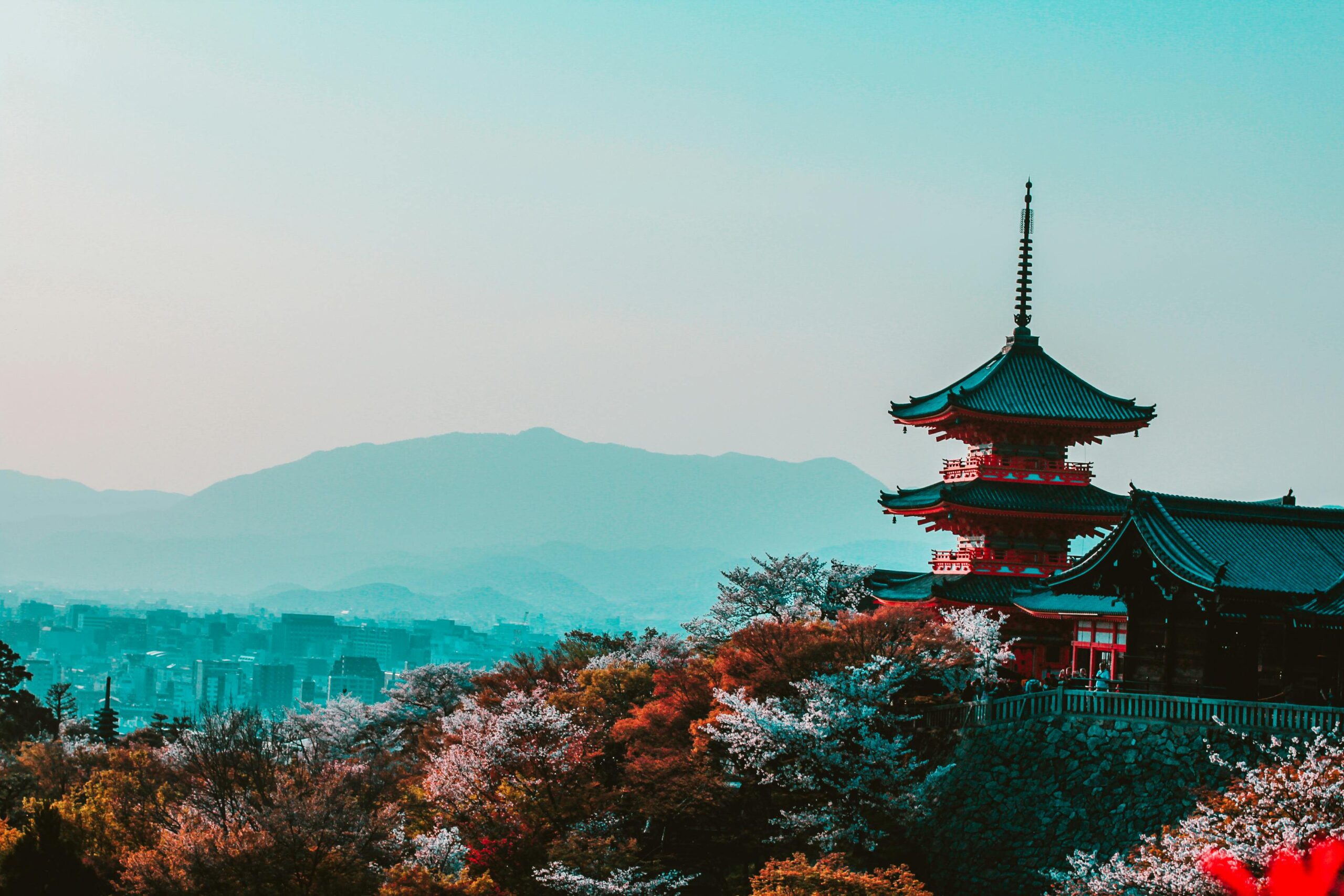 Malowniczy widok na świątynię Kiyomizu-dera z kwiatami wiśni w Kioto w Japonii, ukazujący tradycyjną japońską architekturę o zmierzchu.
