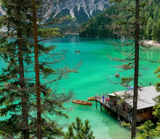 Malowniczy widok na spokojne alpejskie jezioro otoczone drzewami i górami, idealne na relaks.