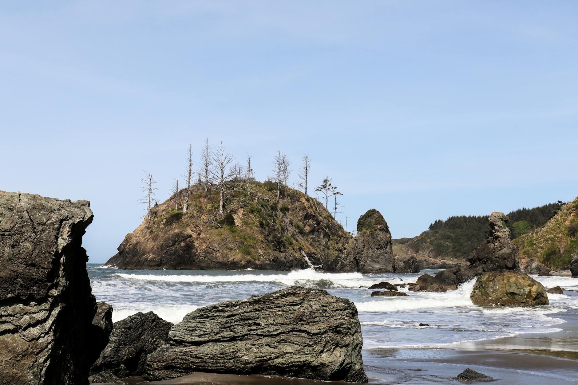 Skaliste wybrzeże z rozbijającymi się falami oceanu